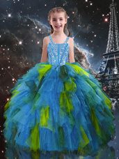 Cute Baby Blue Sleeveless Tulle Lace Up Little Girls Pageant Gowns for Quinceanera and Wedding Party