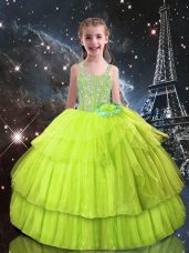 Straps Sleeveless Little Girls Pageant Dress Wholesale Floor Length Beading and Ruffled Layers Yellow Green Tulle