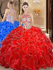 High End Coral Red Scoop Backless Embroidery and Ruffles Sweet 16 Quinceanera Dress Sleeveless