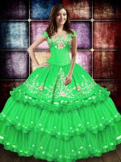 Green Ball Gowns Off The Shoulder Sleeveless Taffeta Floor Length Lace Up Embroidery and Ruffled Layers 15th Birthday Dress