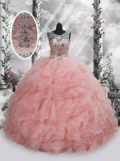 Super Floor Length Lace Up Sweet 16 Quinceanera Dress Baby Pink for Military Ball and Sweet 16 and Quinceanera with Beading and Ruffles