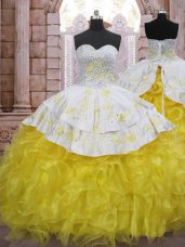 Yellow And White Ball Gowns Beading and Appliques and Ruffles Ball Gown Prom Dress Lace Up Organza Sleeveless