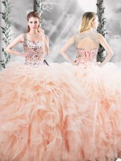New Arrival Peach Quinceanera Gowns Military Ball and Sweet 16 and Quinceanera with Beading and Ruffles Straps Sleeveless Lace Up