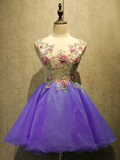 Cute Purple A-line Appliques Prom Gown Lace Up Organza Sleeveless Mini Length