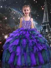 Dramatic Straps Sleeveless Little Girls Pageant Gowns Floor Length Beading and Ruffles Eggplant Purple Tulle