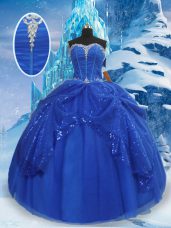 Affordable Sweetheart Sleeveless Ball Gown Prom Dress Floor Length Beading and Pick Ups Royal Blue Tulle