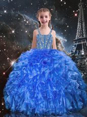 Floor Length Lace Up Girls Pageant Dresses Blue for Quinceanera and Wedding Party with Beading and Ruffles