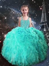 Super Turquoise Lace Up Kids Formal Wear Beading and Ruffles Sleeveless Floor Length