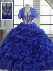 Short Sleeves Floor Length Ruffles Lace Up Quinceanera Dresses with Royal Blue