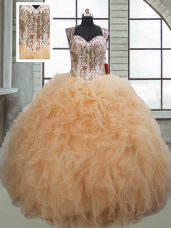 Ball Gowns Quinceanera Dresses Champagne Sweetheart Organza Sleeveless Floor Length Lace Up