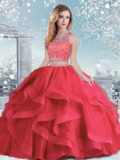 Fashion Coral Red Clasp Handle Scoop Beading and Ruffles Sweet 16 Quinceanera Dress Organza Sleeveless