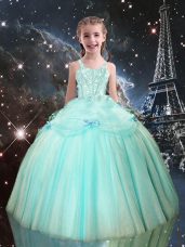 Excellent Aqua Blue Sleeveless Floor Length Beading Lace Up Child Pageant Dress