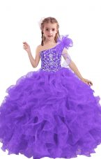 Amazing Organza One Shoulder Sleeveless Lace Up Beading and Ruffles Kids Formal Wear in Lilac