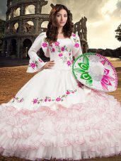 White Organza Lace Up Square Long Sleeves Floor Length Quinceanera Dress Embroidery and Ruffled Layers