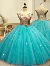 Glamorous Aqua Blue Lace Up Sweet 16 Dresses Appliques and Sequins Sleeveless Floor Length