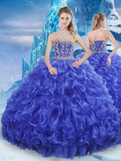 Deluxe Royal Blue Ball Gowns Beading and Appliques and Ruffles Quinceanera Gowns Lace Up Organza Sleeveless Floor Length