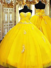 Custom Designed Gold Lace Up Sweetheart Beading and Appliques Quinceanera Gown Organza Sleeveless