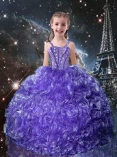 Perfect Floor Length Lace Up Kids Formal Wear Purple for Quinceanera and Wedding Party with Beading and Ruffles
