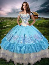 New Style Baby Blue Lace Up Off The Shoulder Beading and Embroidery and Ruffled Layers Sweet 16 Quinceanera Dress Taffeta Sleeveless
