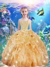 Amazing Sleeveless Organza Floor Length Lace Up Kids Formal Wear in Champagne with Beading and Ruffles