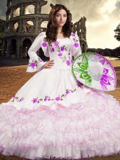 Unique White Long Sleeves Embroidery and Ruffled Layers Floor Length Sweet 16 Quinceanera Dress