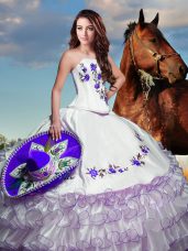 Sleeveless Floor Length Embroidery and Ruffled Layers Lace Up 15 Quinceanera Dress with White