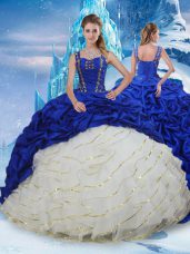 Designer Lace Up 15 Quinceanera Dress Blue And White for Military Ball and Sweet 16 and Quinceanera with Ruffled Layers and Pick Ups Brush Train