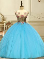 Baby Blue Scoop Neckline Appliques Sweet 16 Quinceanera Dress Sleeveless Lace Up