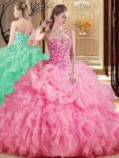 Rose Pink Organza Lace Up 15th Birthday Dress Sleeveless Brush Train Embroidery and Ruffles and Pick Ups