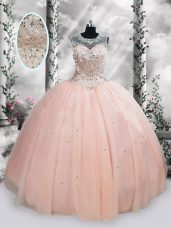 Floor Length Lace Up Quince Ball Gowns Pink for Military Ball and Sweet 16 and Quinceanera with Beading and Sequins