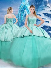Turquoise Sweet 16 Dresses Military Ball and Sweet 16 and Quinceanera with Beading and Ruching Scoop Sleeveless Brush Train Lace Up