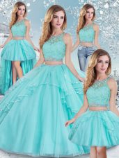 Traditional Aqua Blue Scoop Neckline Lace and Sequins Sweet 16 Dresses Sleeveless Clasp Handle