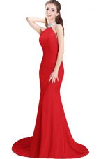 Inexpensive Red Mermaid Elastic Woven Satin Halter Top Sleeveless Beading Side Zipper Prom Evening Gown Brush Train
