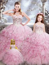 Luxury Sweetheart Sleeveless Sweet 16 Dress Floor Length Beading and Ruffles Baby Pink Organza