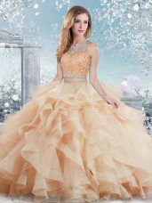 Colorful Peach Ball Gowns Organza Scoop Sleeveless Beading and Ruffles Floor Length Clasp Handle Quinceanera Gowns