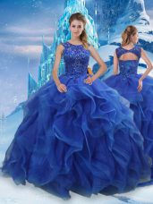 Blue Sleeveless Floor Length Beading and Ruffles Lace Up Ball Gown Prom Dress