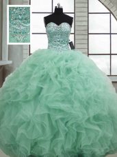 Glittering Sleeveless Floor Length Beading and Ruffles Lace Up Quince Ball Gowns with Apple Green