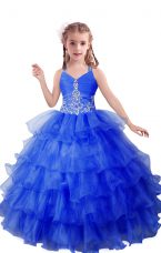 New Style Blue Little Girl Pageant Gowns Quinceanera and Wedding Party with Beading and Ruffled Layers V-neck Sleeveless Zipper