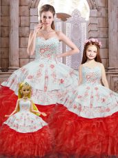 High Quality White And Red Sleeveless Organza Lace Up Quince Ball Gowns for Military Ball and Sweet 16 and Quinceanera