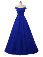 Sleeveless Floor Length Ruching Lace Up Prom Evening Gown with Royal Blue