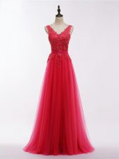 Nice Tulle V-neck Sleeveless Backless Lace and Appliques Prom Dresses in Coral Red