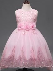 Stylish Tulle Scoop Sleeveless Zipper Lace and Appliques and Bowknot and Hand Made Flower Kids Pageant Dress in Baby Pink