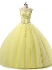 Yellow Tulle Lace Up Scoop Sleeveless Floor Length 15 Quinceanera Dress Beading and Lace