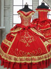 Red Ball Gowns Beading and Embroidery and Ruffled Layers 15 Quinceanera Dress Zipper Satin and Taffeta Cap Sleeves Floor Length