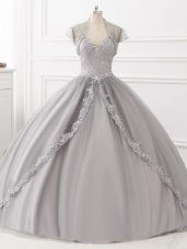 Great Straps Sleeveless Ball Gown Prom Dress Floor Length Beading and Appliques Grey Tulle