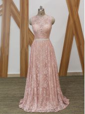 Clearance Pink Empire Chiffon and Lace Scoop Sleeveless Beading Floor Length Zipper Runway Inspired Dress Brush Train
