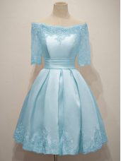 Light Blue Half Sleeves Taffeta Lace Up Bridesmaids Dress for Prom and Party and Wedding Party