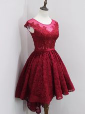 Wine Red Zipper Quinceanera Dama Dress Beading and Lace Cap Sleeves High Low