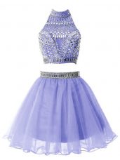 Lavender Zipper Court Dresses for Sweet 16 Beading Sleeveless Knee Length