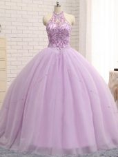 Lilac Lace Up 15 Quinceanera Dress Beading Sleeveless Brush Train